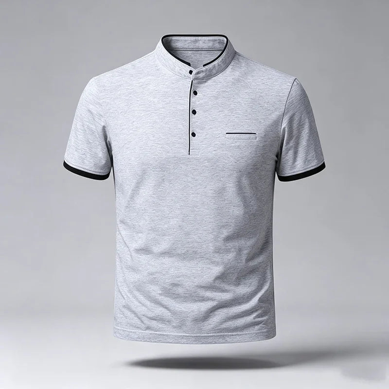 Men Regular Fit Short Sleeve Polo Shirt Stand Collar Chest Pocket For Office Business Look And City Street Daily Wear