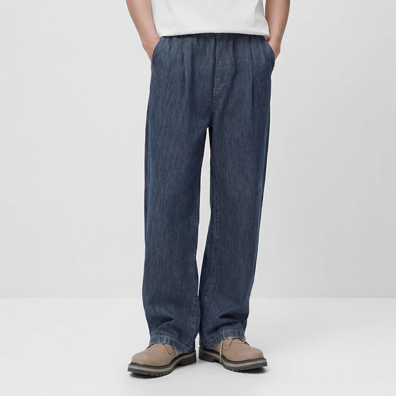 Semir Men Pants Denim Cotton Skin Friendly Loose Wide Leg Elastic Waist Drawstring Micro Pleated 2026 Summer Casual Style Fashio