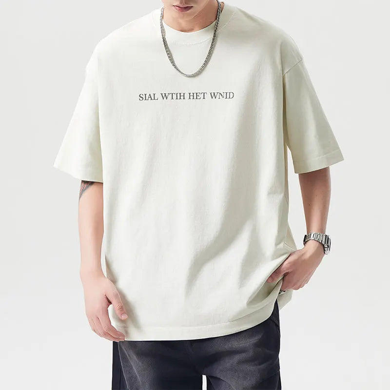 DUKEEN Men's 260g Heavyweight Cotton T Shirt Vintage Print Short Sleeve Summer Streetwear Washed Crew Neck Casual Tee Top