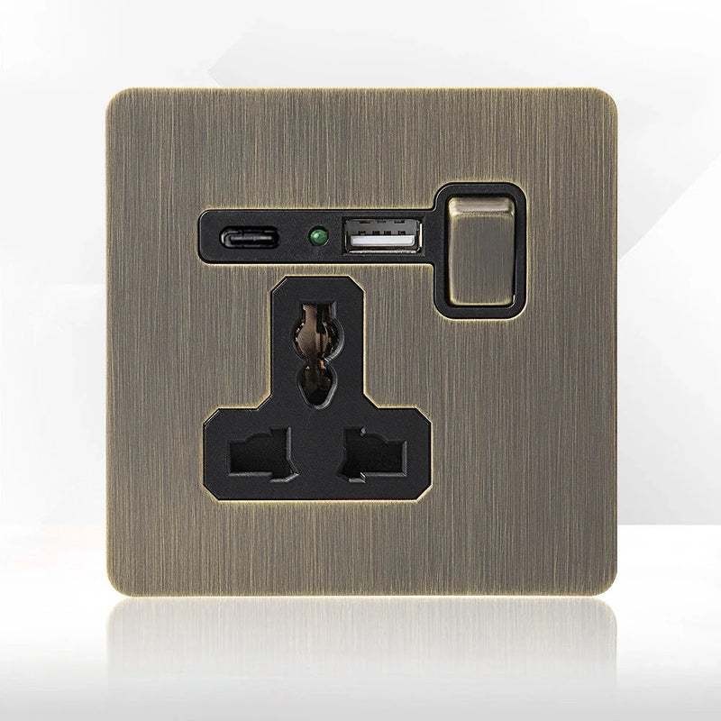 Retro EU FR Metal Panel Wall Toggle Light Switch Socket plug,Bronzed Antique Stainless Steel German 16A Socket with USB Charging