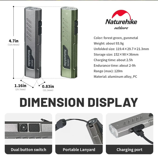 ភ្លើងពិល Naturehike EDC01 ភ្លើងពិលក្រៅផ្ទះ ចល័ត ប្រើប្រាស់បានយូរ ឡើងភ្នំ ភ្លឺខ្លាំង អាចសាកបាន ភ្លើងតូចសម្រាប់គ្រួសារ