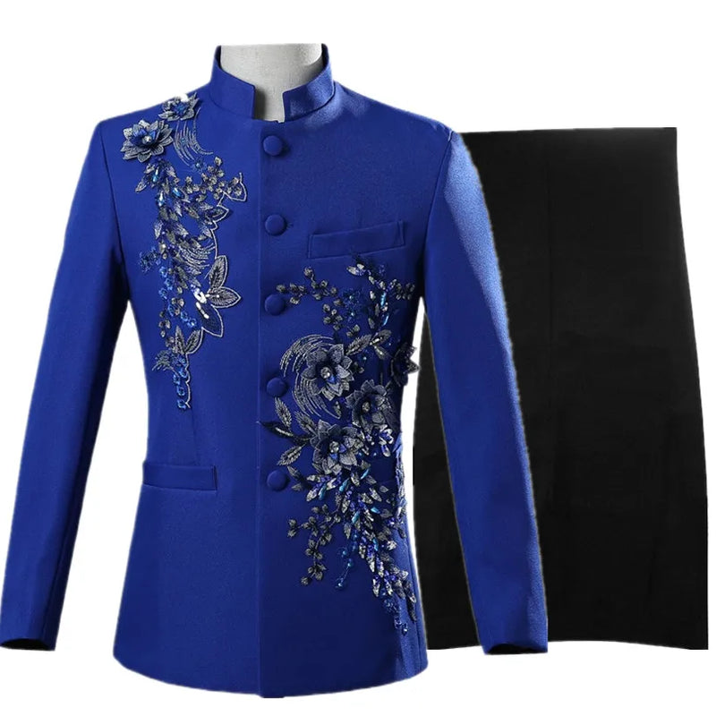Men's White Standing Lapel Suit Two-Piece, Chinese Style Long Sleeve Jacket with Trousers, Blue Red Black Optional, Asian Size
