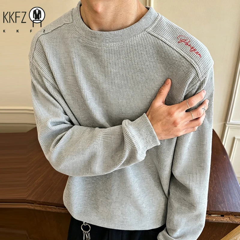 Men Basic Waffle Knit Round Neck Shirt Raglan Long Sleeve Shoulder Embroidery Oversized Fit Male Casual Top