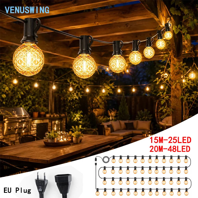 ភ្លើងខ្សែ G40 ទឹកកកពេជ្រ 15-20 ម៉ែត្រ ភ្លើងហ្គាសបូ IP44 ការពារទឹកជ្រាបសម្រាប់បោះតង់ ភ្លើងខ្សែសម្រាប់ហាឡូវីន ភ្លើងប៊ីស្ត្រូ