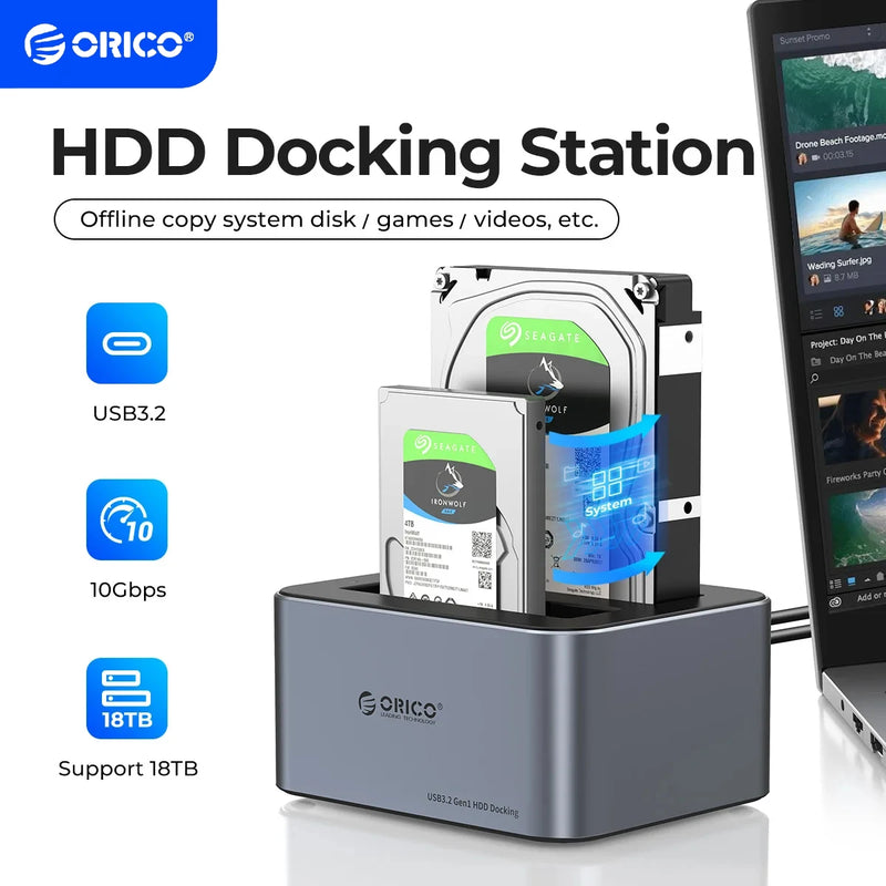 ORICO Aluminum Dual-bay Hard Drive Station Type-C 10Gbps with Offline Clone 2.5/3.5" HDD Case Heat Dissipation Stronger