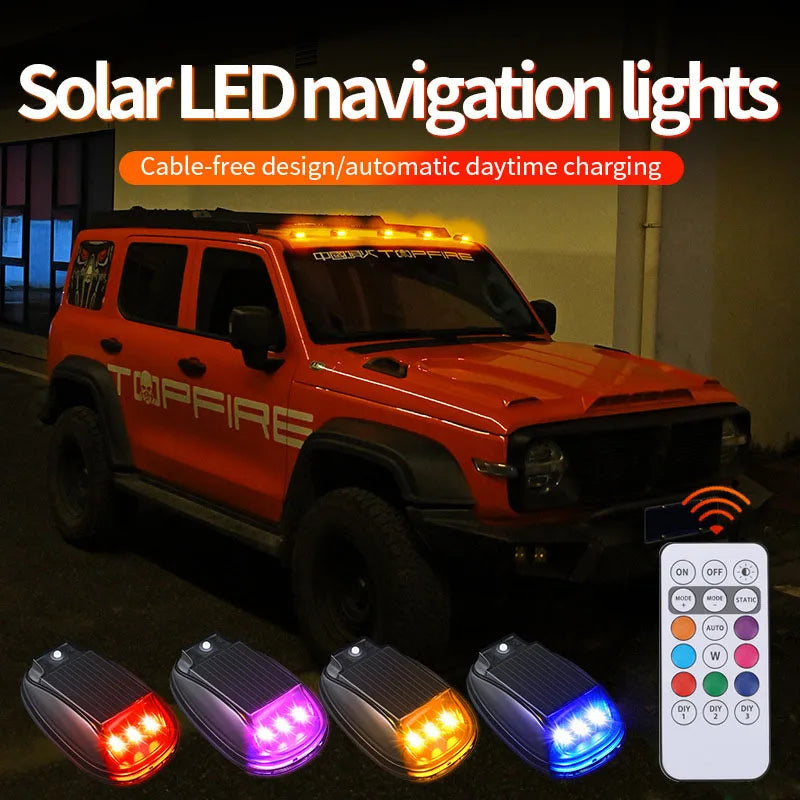 1-4Pcs Solar Powered Car Running Warning Lamp RGB Remote Roof Dome Decor Light No Punch Signal Lamp for Car Truck SUV Motorcycle