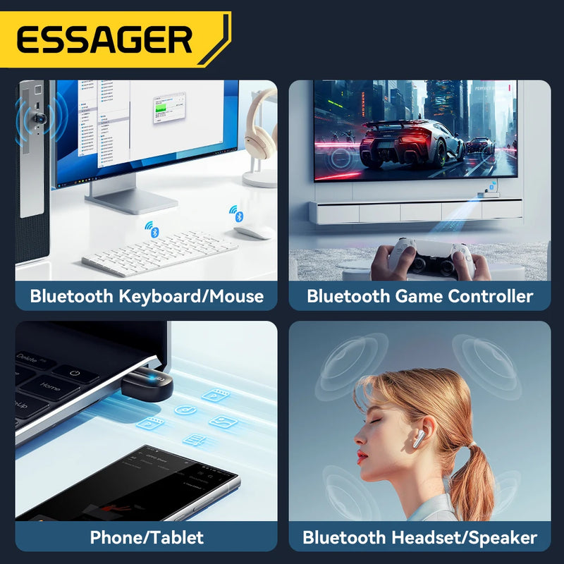 ឧបករណ៍ភ្ជាប់ប៊្លូធូស Essager USB Dongle Bluetooth 5.3 សម្រាប់កុំព្យូទ័រ កុំព្យូទ័រយួរដៃ ឧបករណ៍បំពងសម្លេង ឧបករណ៍ទទួលសំឡេង កណ្ដុរឥតខ្សែ ក្តារចុច ឧបករណ៍បញ្ជូន USB