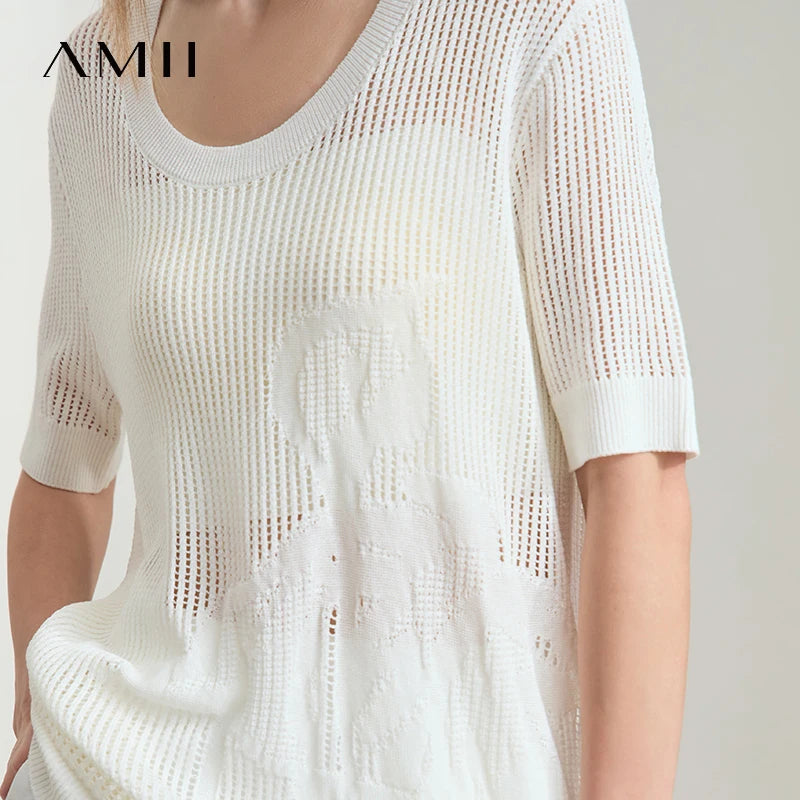 AMII Casual Summer Sweater Women 2026 Short Sleeve U-neck Plant Jacquard Hollow Flowered Wool Sweaters Woman Fashion 12552076