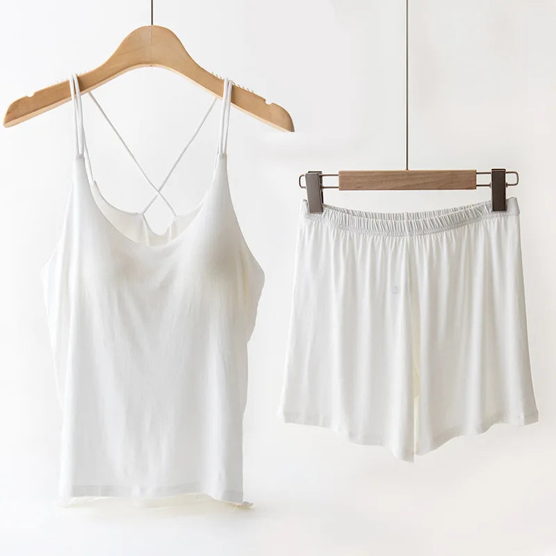 Pijamas Femininos New Sexy Bra Sling Shirt Shorts Set Modal Chest Pad Summer Pajamas For Women Nightwear Home Night Clothes