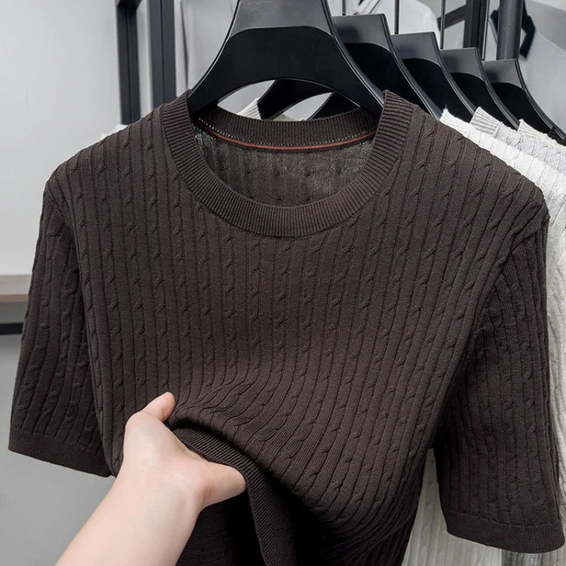 Men's Summer Short Sleeve Knitted Sweater | Linen Blend Crew Neck | Lightweight Breathable Jacquard T-shirt