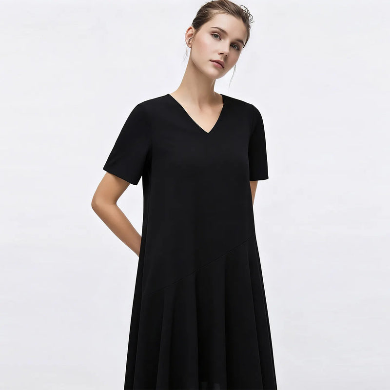 Amii Midi Dress Woman 2026 Summer New V Neck Loose Fit Asymmetric Hem Simple Office Casual Short Sleeve Dress For Women 12622137