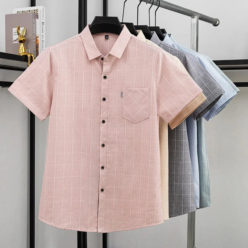 Mens Regular Fit Plaid Pattern Short Sleeve Shirt Turn Down Collar Tops For Men Daily Office And Work