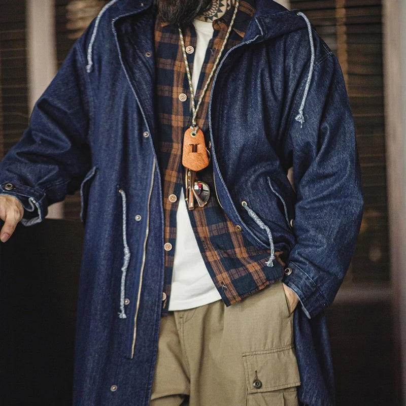 Maden Retro 10.2oz M51 Denim Jackets Fishtail Windbreaker Loose Mid-Length Solid Color Hooded Jackets for Men's Autumn Tops