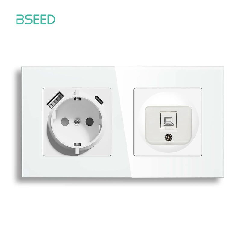 BSEED EU Standrad Wall Power Socket RJ45 Internet Socket Telephone Port Cat6 Socket Glass Panel TV Satellite Electrical Outlets