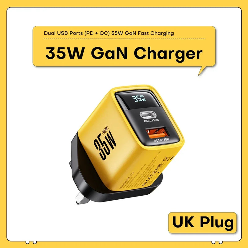 ឆ្នាំងសាក USB C 35W Gan ឆ្នាំងសាកលឿន Type C PD3.0 QC4.0 PPS ឆ្នាំងសាកទូរស័ព្ទរហ័សសម្រាប់ iPhone 15 14 Pro Max Samsung S23 S22 ថេប្លេត