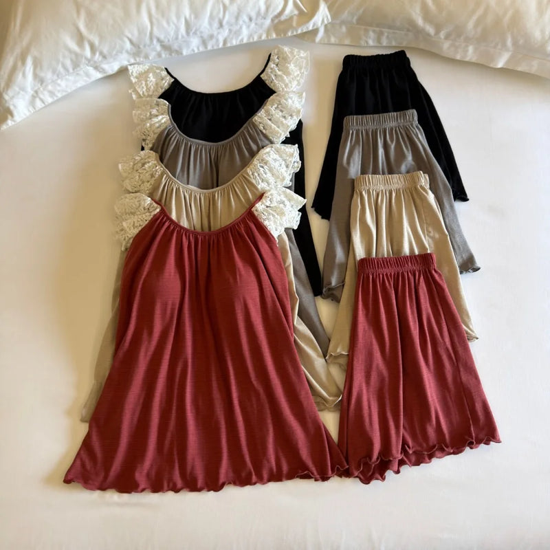 Summer 2 Piece Ladies Night Suit Thin Pijama Sleeveless Top and Shorts Homewear Casual Chest Pads Sleepwear Women's Pajamas