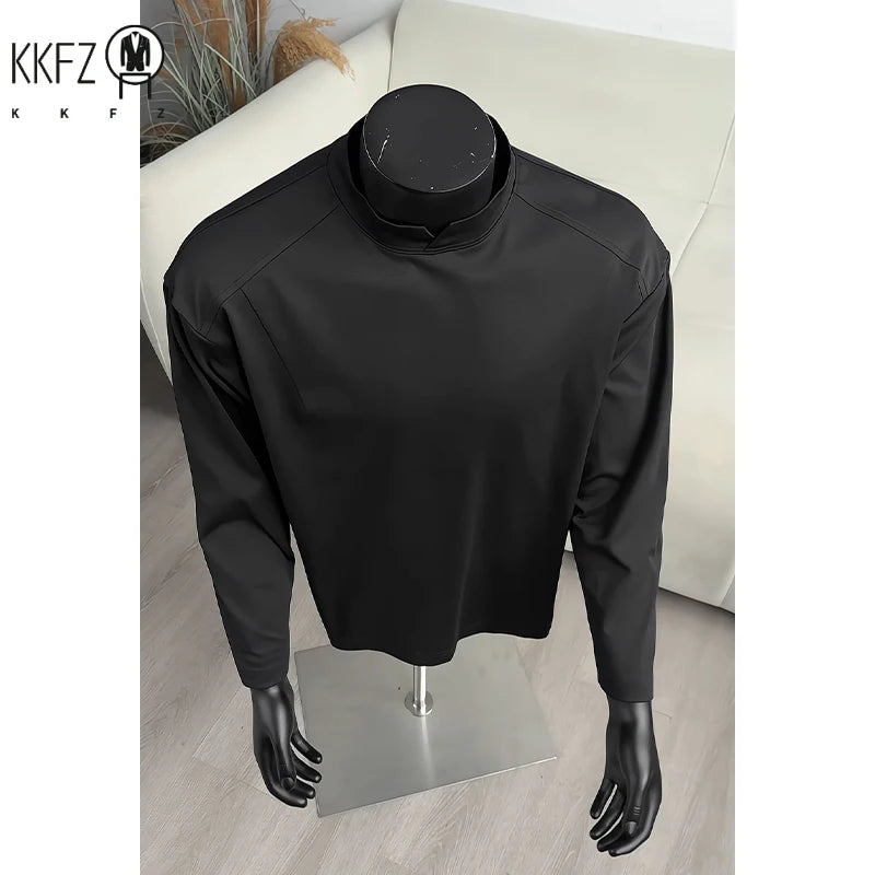 Mens Daily Wear Notched Mock Neck Long Sleeve Tee Solid Plain Fabric Loose Silhouette For Weekend Casual Gathering