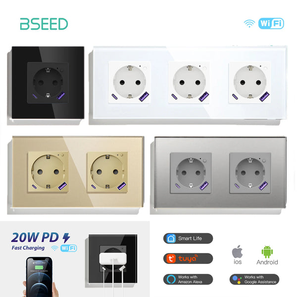 BSEED EU Standard Wifi Smart Socket With 20W USB Type-C Port Power Monitor Timing Function Tuya Alexa Smart Home Control 16A