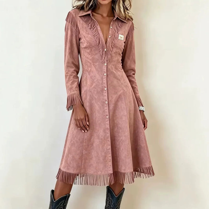 Women's Western-style Long-sleeved Trench Coat;A Figure-hugging Jacket with Fringe Details for Spring/Fall; Blue,Red,Black,Brown