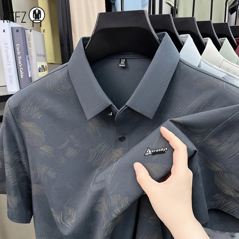 Everyday Wear Abstract Feather Printed Lapel Polo Mens Soft Cloth Casual Dinner And Post work Walking Apparel
