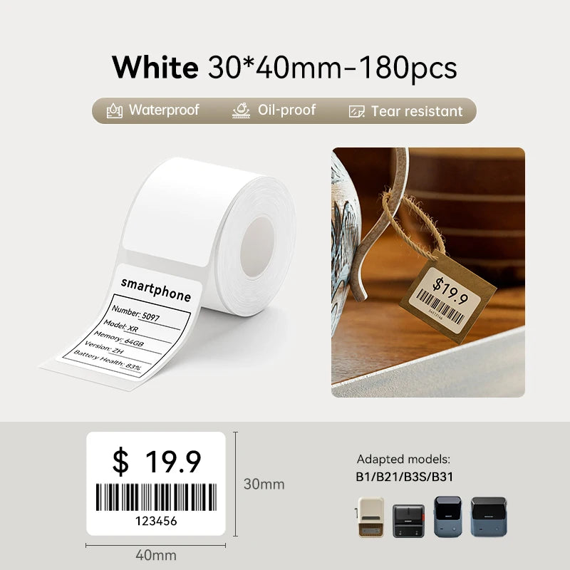 1 Roll NIIMBOT White/Cold Thermal Adhesive Label for B1 B21 B3S B31 B4 Anti-Oil Tear-Resistant Price Tag Home Bussiness Use