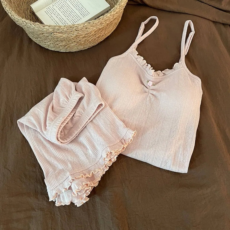 Chest Pad Pajamas Woman Summer Two-Piece Ladies Set Home Wear Sleepwear Cotton Women's Loungewear Sleeveless Pyjama Set Woman