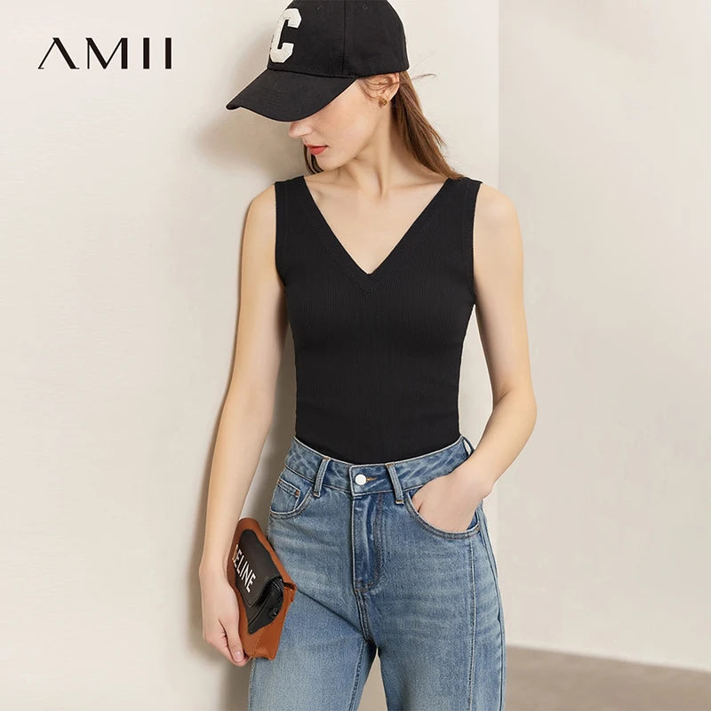 អាវកាក់ Amii សម្រាប់នារី រដូវក្ដៅ ឆ្នាំ២០២៦ អាវកាក់ប៉ាក់គ្មានដៃ ក V រាងជាខ្សែ សម្លៀកបំពាក់ធម្មតា អាវក្រៅកាត់សម្រាប់នារី 12641107