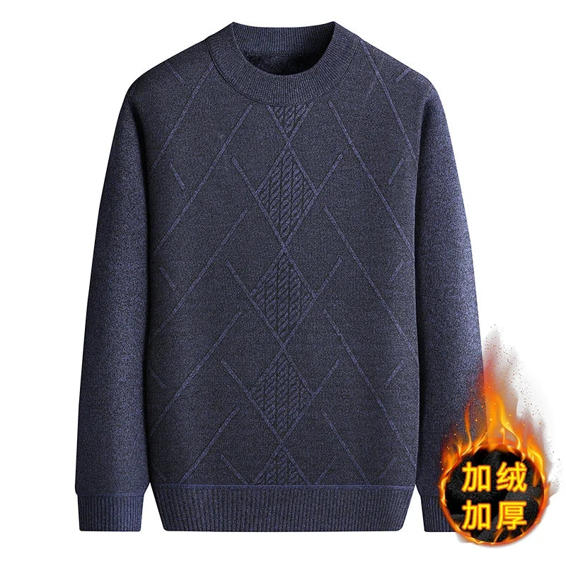 Breathable Outer Knit Men Thermal Jumper Full Plush Inner Retro Rhombus Jacquard Daily Commuting Pullover