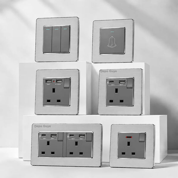 កុងតាក់ភ្លើងជញ្ជាំង 220V ដែកអ៊ីណុកពណ៌ប្រផេះ 13A ចក្រភពអង់គ្លេស ជាមួយរន្ធដោតអគ្គិសនី រន្ធដោតជញ្ជាំងប្រភេទ C សាកថ្មលឿន Smart Type-C