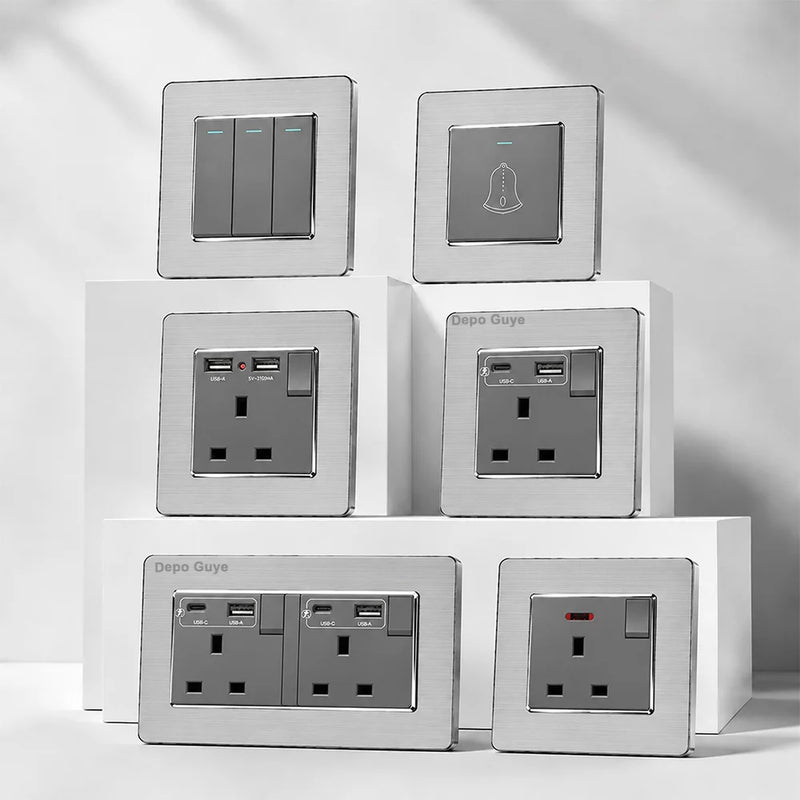 Grey Stainless Steel Metal Uk 13A Wall 220V Light Switch with Electrical Socket, Smart Type-c Fast Charging Wall USB C Socket
