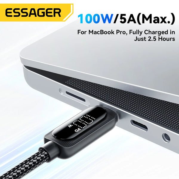 ខ្សែសាក Essager 100W USB Type C 5A PD សាកលឿនសម្រាប់ Macbook iPad iPhone 16 15Pro Samsung Xiaomi អេក្រង់ឌីជីថលខ្សែ