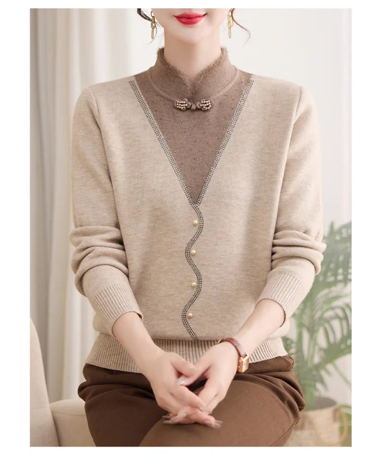 Korean Popular Clothes New Women Sweaters Autumn Winter Knitwear Top Basic Wear Fake Two Piece Middle Aged Mother Pullovers