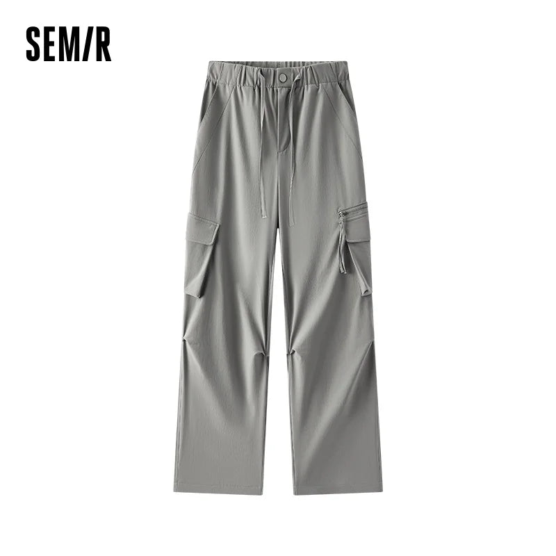 Semir Cargo Pants Woman Loose Solid Texture Elastic Waist Drawstring High Street Simple Style Wide Leg Pants Women Spring 2026