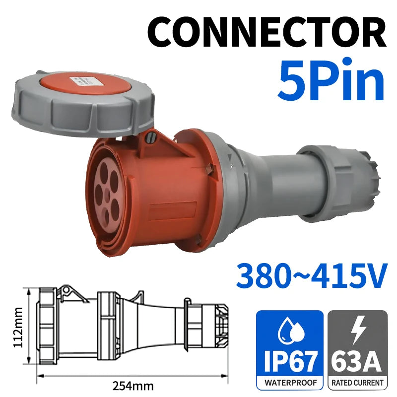 ឈុតរន្ធដោតឧស្សាហកម្ម IP67 63A 3/4/5 ម្ជុល 220V-415V ស្តង់ដារ CEE ប្រុស និងស្រី ជាមួយទំនាក់ទំនងស្ពាន់សុទ្ធ ផ្ទៃរាបស្មើ ឬរាបស្មើ