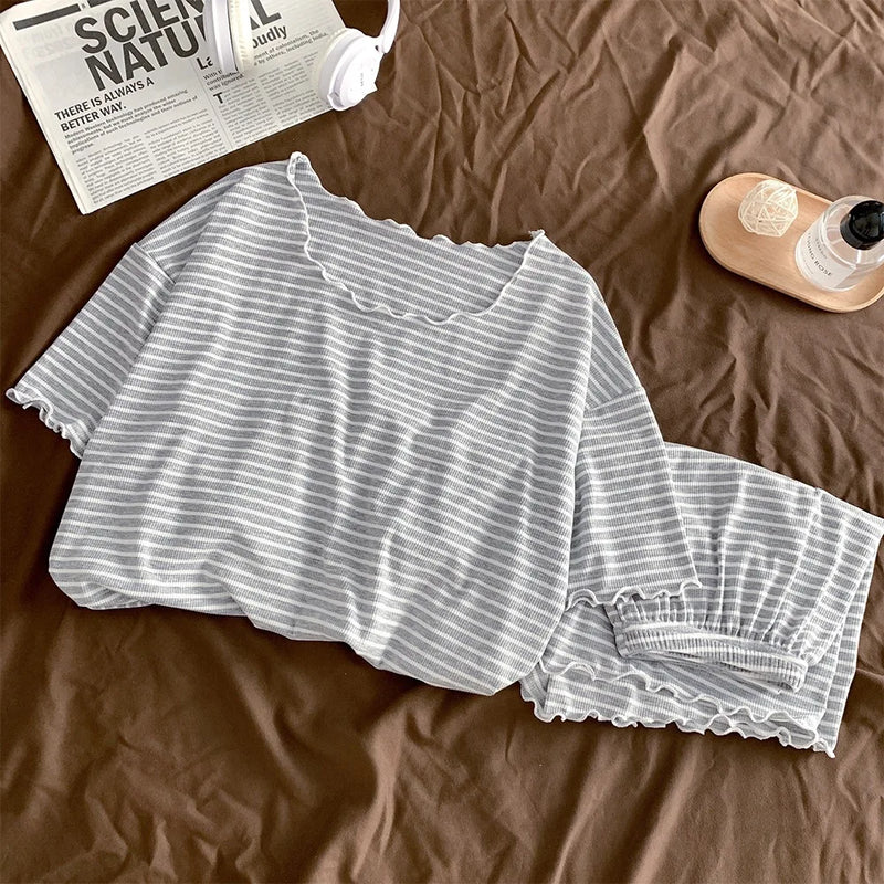 Striped Pyjamas Summer Short Sleeve Pajamas Set Soft Pijama Suit 2 Piece Set Sleepwear Women Night Clothes Night Wear Female