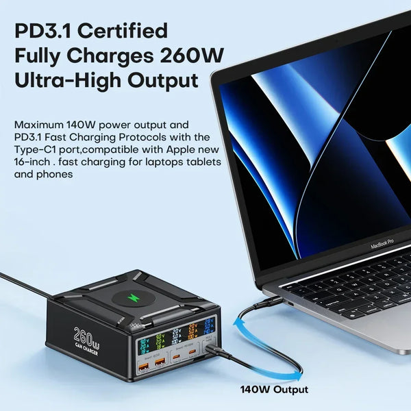 ស្ថានីយសាកថ្មឥតខ្សែ 5 រន្ធ USB C លឿន 260W ឆ្នាំងសាកឥតខ្សែ 140W PD3.1 USB C GaN ជាមួយអេក្រង់ LCD សម្រាប់ MacBook IPhone 14 13