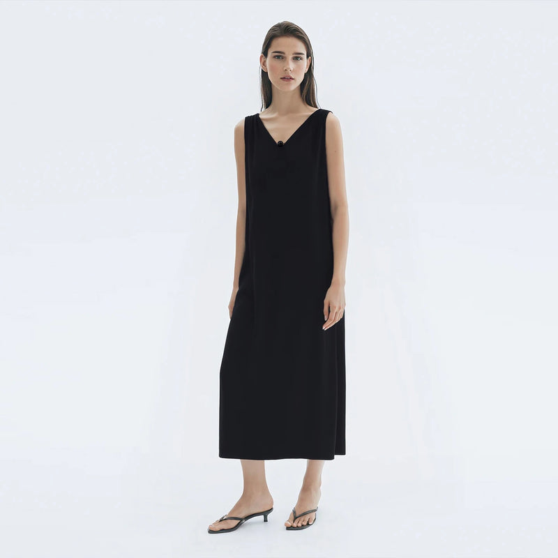 Amii Sleeveless Women's Dress 2026 Summer New Elegant Beaded V-Neck Pocket Loose Fit Solid Color Holiday Long Dresses 12642142