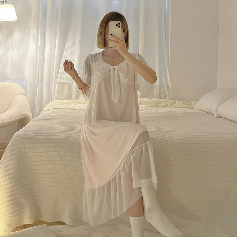Summer Mesh Palace Nightgowns For Women With Butterfly Bow Night Dress Woman Loose Sleepwear Nightshirt Female Nightwear
