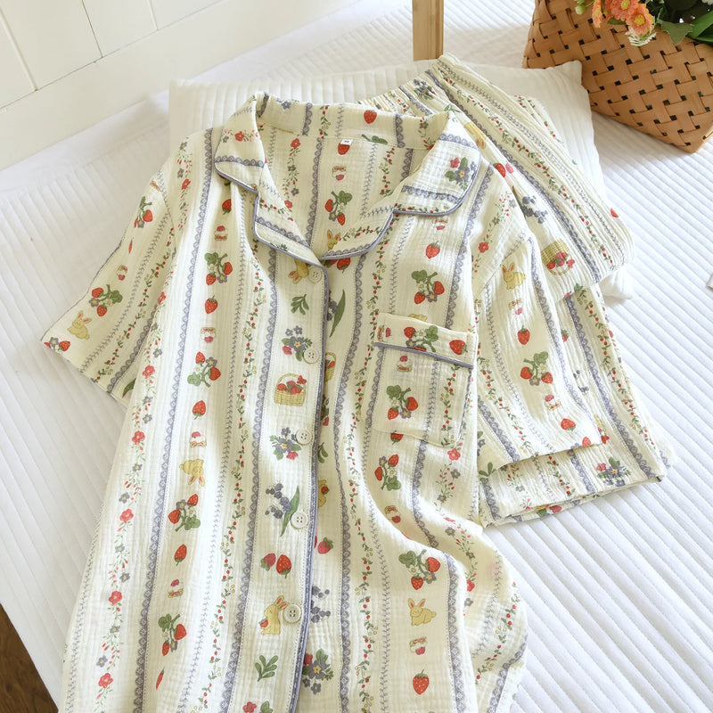2 Piece Set Summer Pajamas for Woman Nightwear 100% Cotton Short Sleeve Sleepwear Women's Cotton Night Wear For Ladies Home Suit