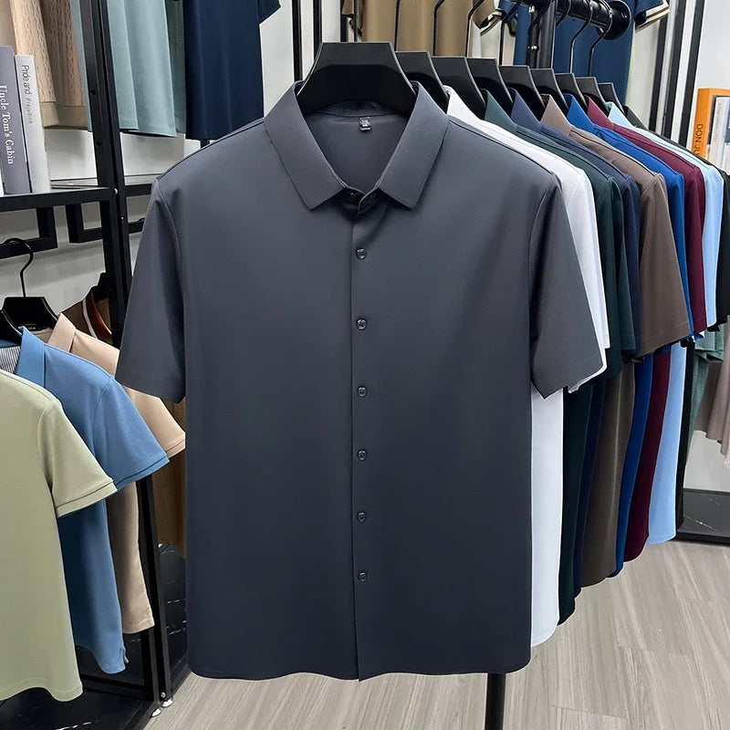 Men Summer Casual Short Sleeve Button Up Shirt Ice Silk Breathable Wrinkle Free Business Formal Shirt