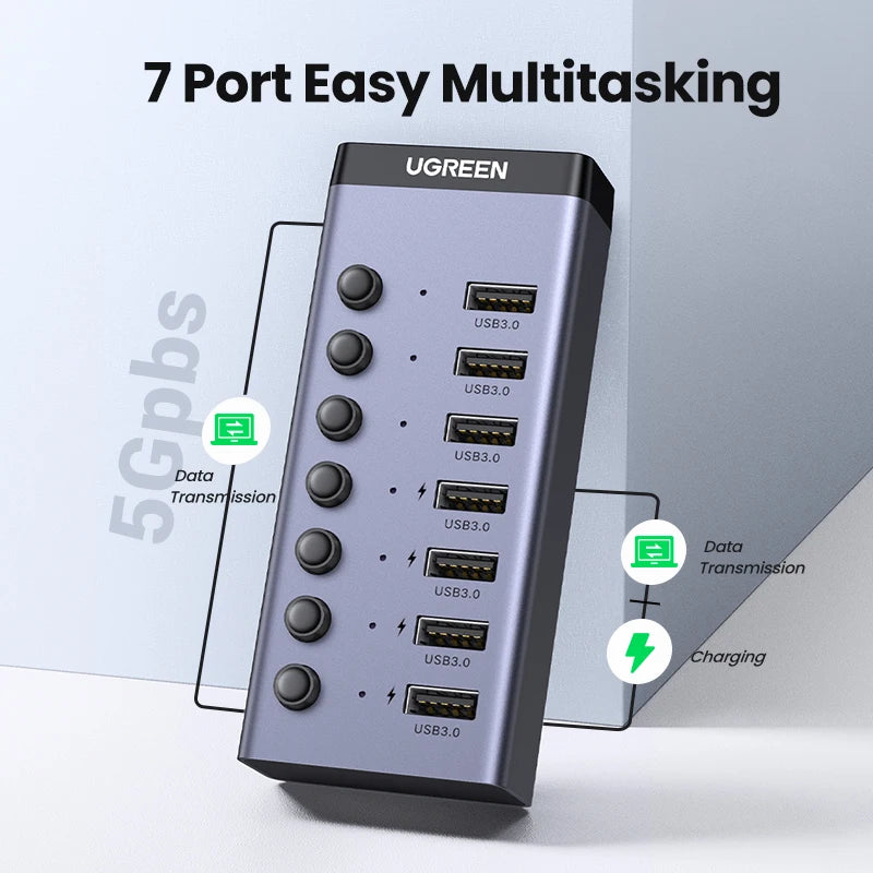 UGREEN USB HUB 7 Ports USB3.0 Splitter 5Gbps with Individual Switch Power Adapter for PC Laptop USB Ports Extender USB-C Docking