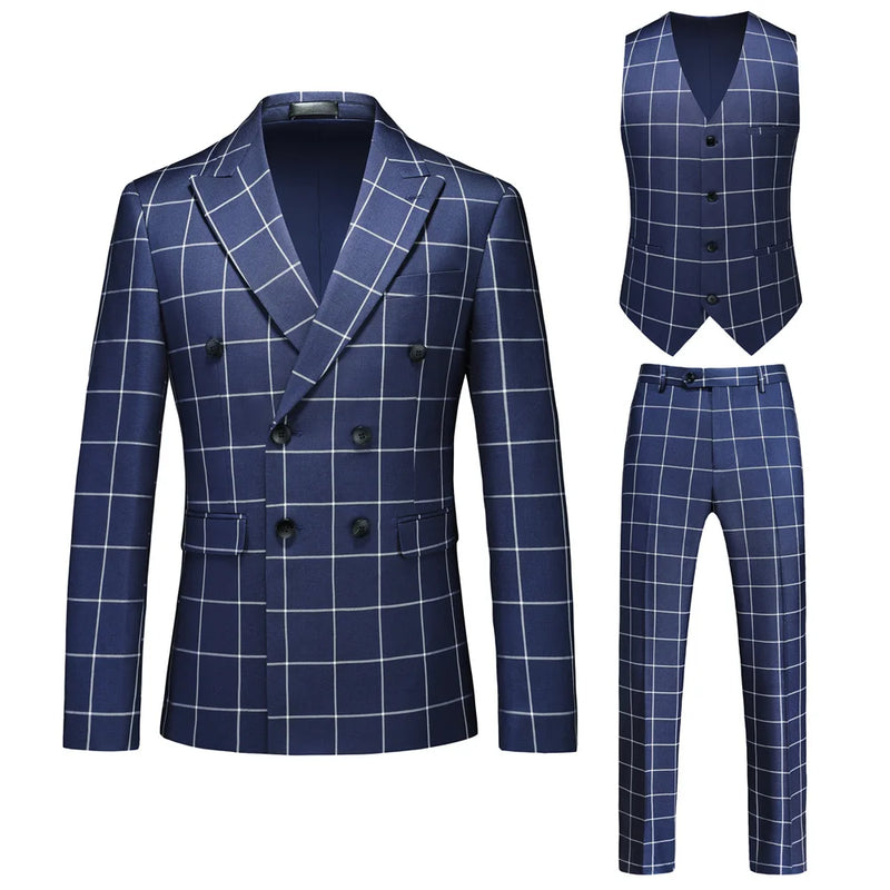 Men's Black-White Striped Plaid Suit 3-Piece, Wedding Party Dress Jacket and Vest with Trousers, Asian Sizes Red Slim Fit Sets.