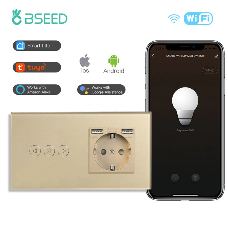 BSEED Wifi Dimmer Switch Smart Dimmable Touch Switch With EU Socket Glass Panel Support Tuya Smart Life Google Home Control