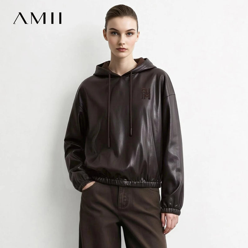 Amii Women's Hooded PU Leather Drop Shoulder Sweatshirt Retro Modern Fashion Loose Tops 2026 Autumn Woman Clothing 12643103