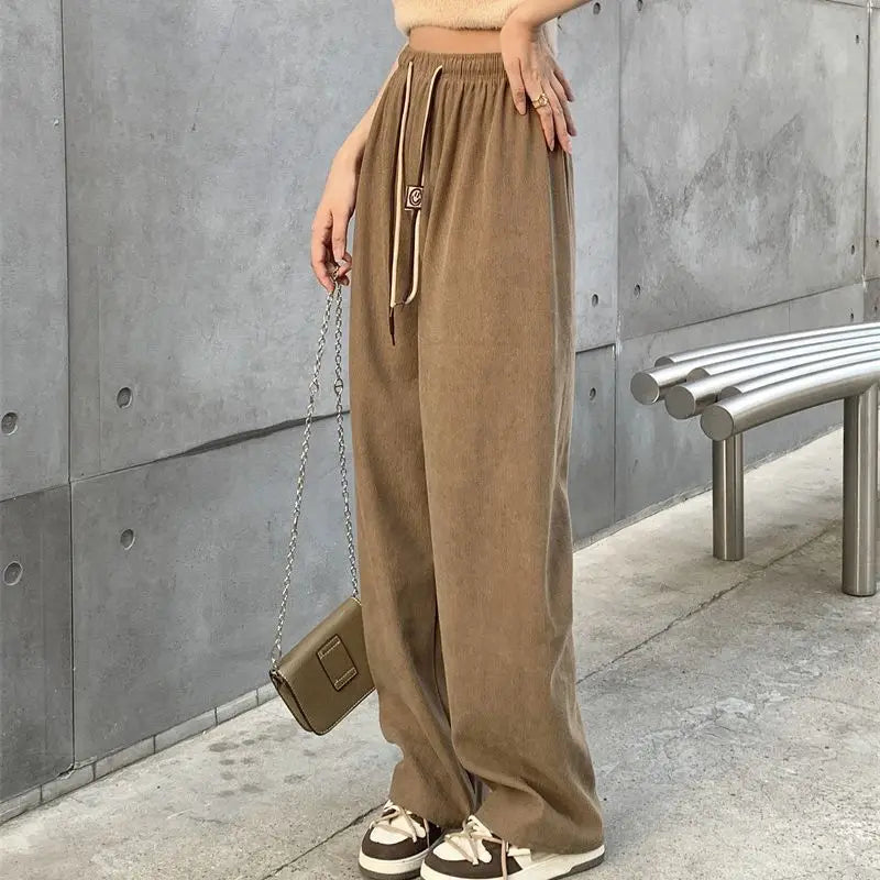 ខោជើងវែងចង្កេះខ្ពស់ Corduroy ខោជើងវែងរលុងសម្រាប់នារី ខោគេងយប់ម៉ូដ ខោស្លៀកក្រៅ ខោជើងវែង