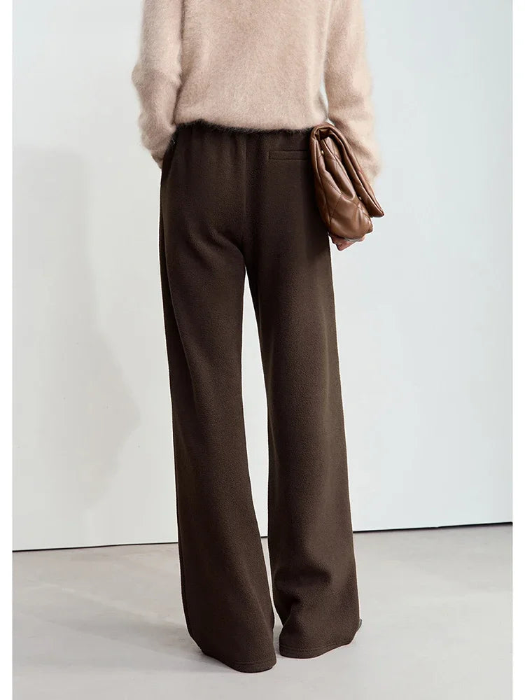 AMII Minimalist False Placket Rear Rubber Band Waist Casual Trousers 2026 Winter Women's Suede Wide-leg Trousers Pants 12444074