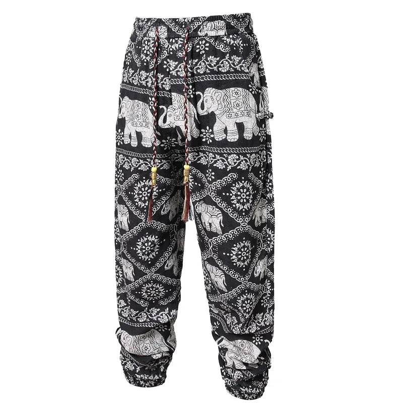 Men Black Drawstring Trousers White Print Cotton Casual Pants Perfect for Spring Summer Season Comfortable Loose Fit Sweatpants