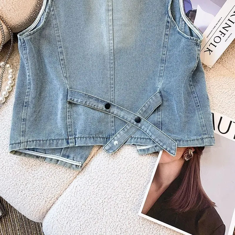 Denim Vest Spring and Autumn Fashion Retro Embroidered Vests Jackets Versatile Sleeveless Top Women Waistcoat Chalecos Mujer