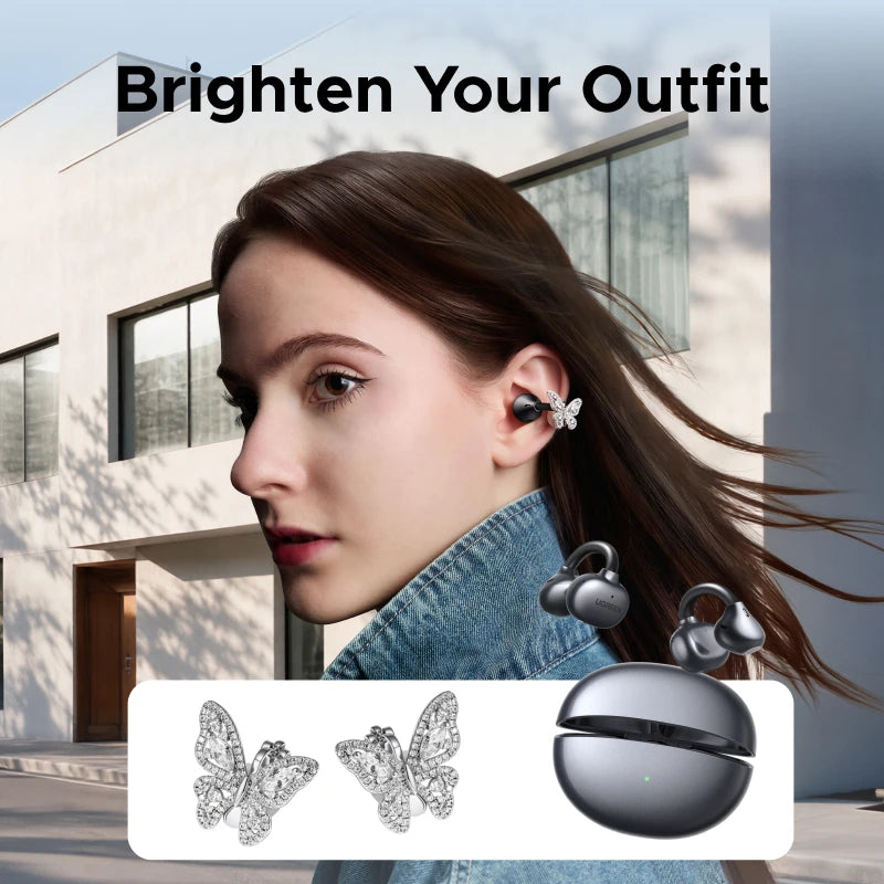 UGREEN Jewelry-Inspired Full Diamond Butterfly Clip On Earbuds, Open Ear Wireless Bluetooth Ear Cuff Headphones for Women, Bling