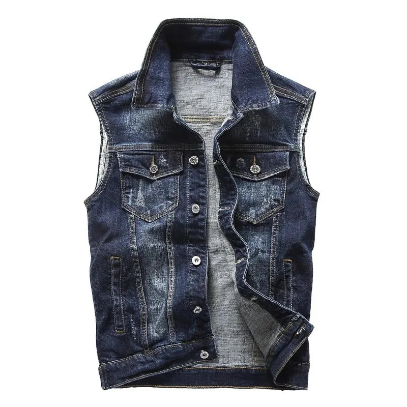 2026 New Men's White Sleeveless Denim Jacket, Single Breasted Lapel Vest Coat Blue Gray Black Denim Tops Waistcoat M-5XL 6XL